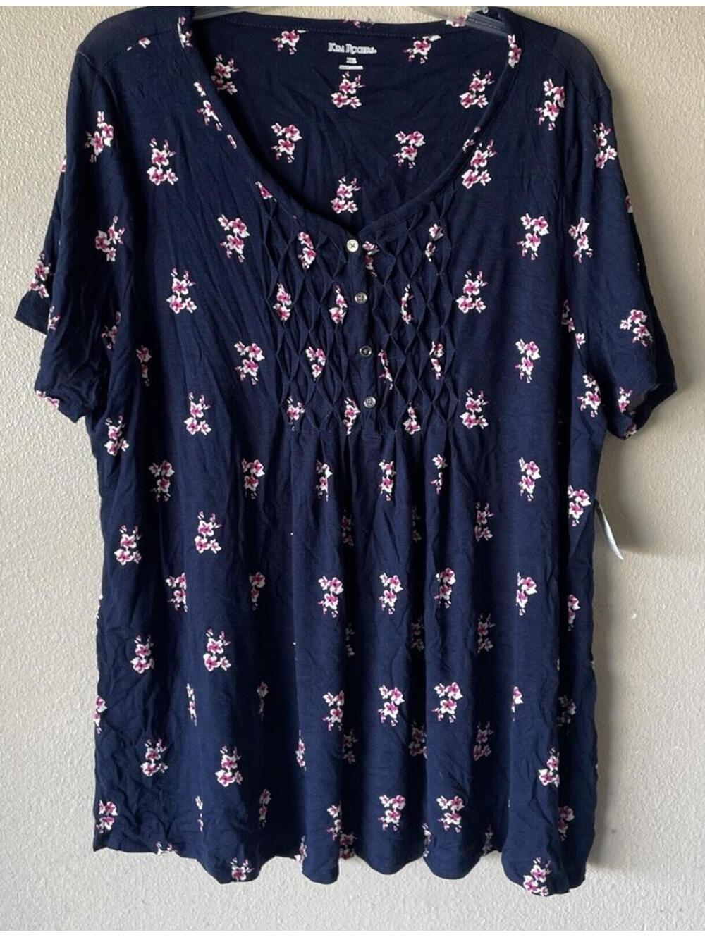 Kim Rogers Xxl T Shirt  2XL Blue, Short Sleeve Pink Floral free shipping